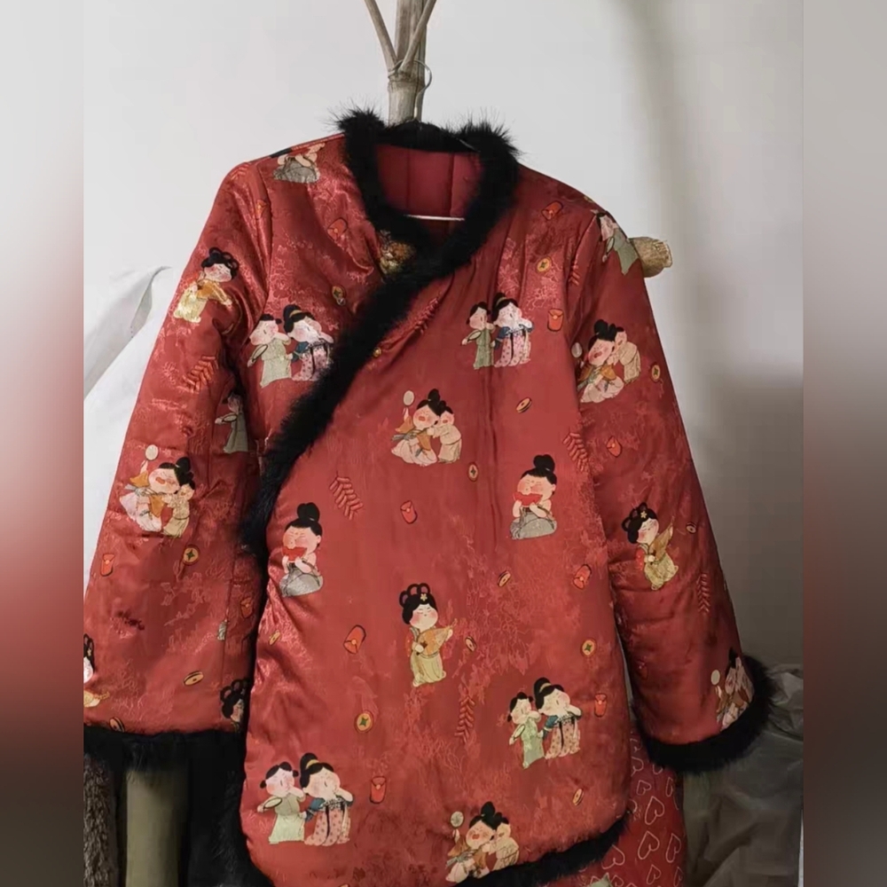 Kids' Red Satin Coat with Faux-Fur Trim